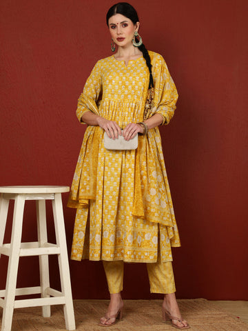 Cotton  Calf Length Printed Flared 3/4 Sleeves Round Kurta Bottom Dupatta Set