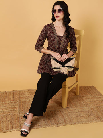 Cotton  Midi Length Printed Flared 3/4 Sleeves V-Neck Tunic