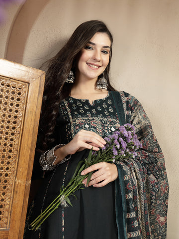 Teal Cotton Calf Length Solid 3/4 Sleeve Round Neck Straight Kurta Suit Set