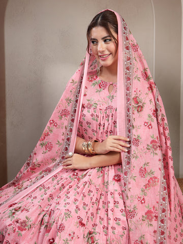 Pink Cotton Calf Length Printed 3/4 Sleeve Key Hole Neck Flared Kurta Suit Set