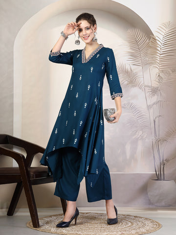 Blue Rayon Calf Length Printed Asymmetric 3/4 Sleeves V Neck Kurta Suit Set