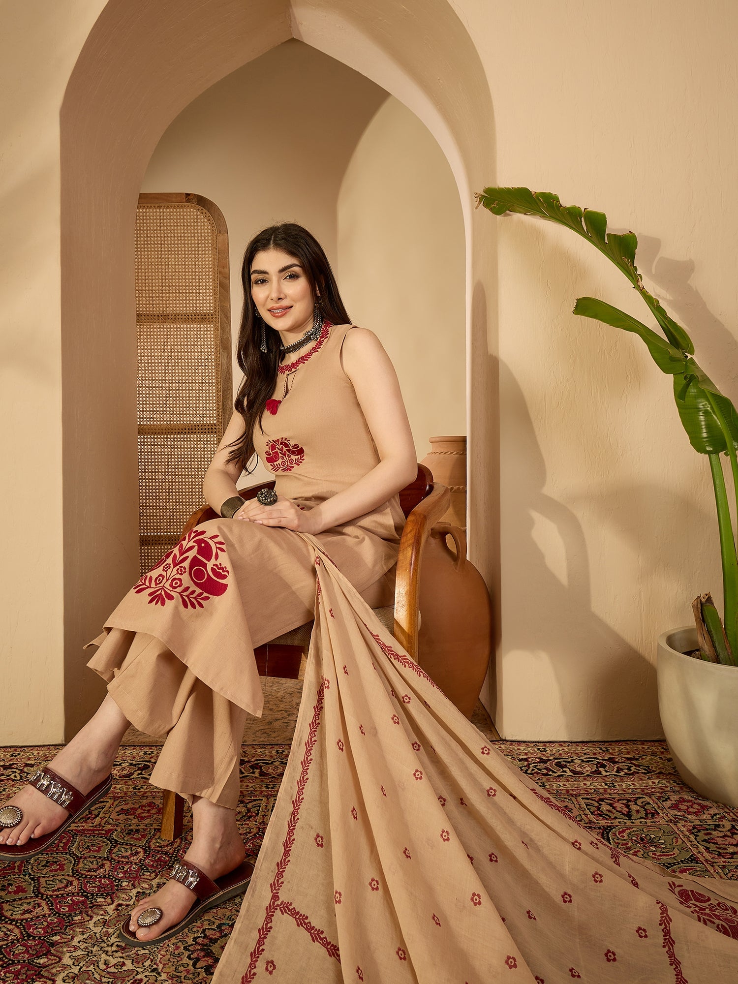 Beige Cotton Calf Length Printed Sleeveless Round Neck Straight Kurta Suit Set