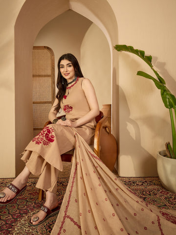 Beige Cotton Calf Length Printed Sleeveless Round Neck Straight Kurta Suit Set