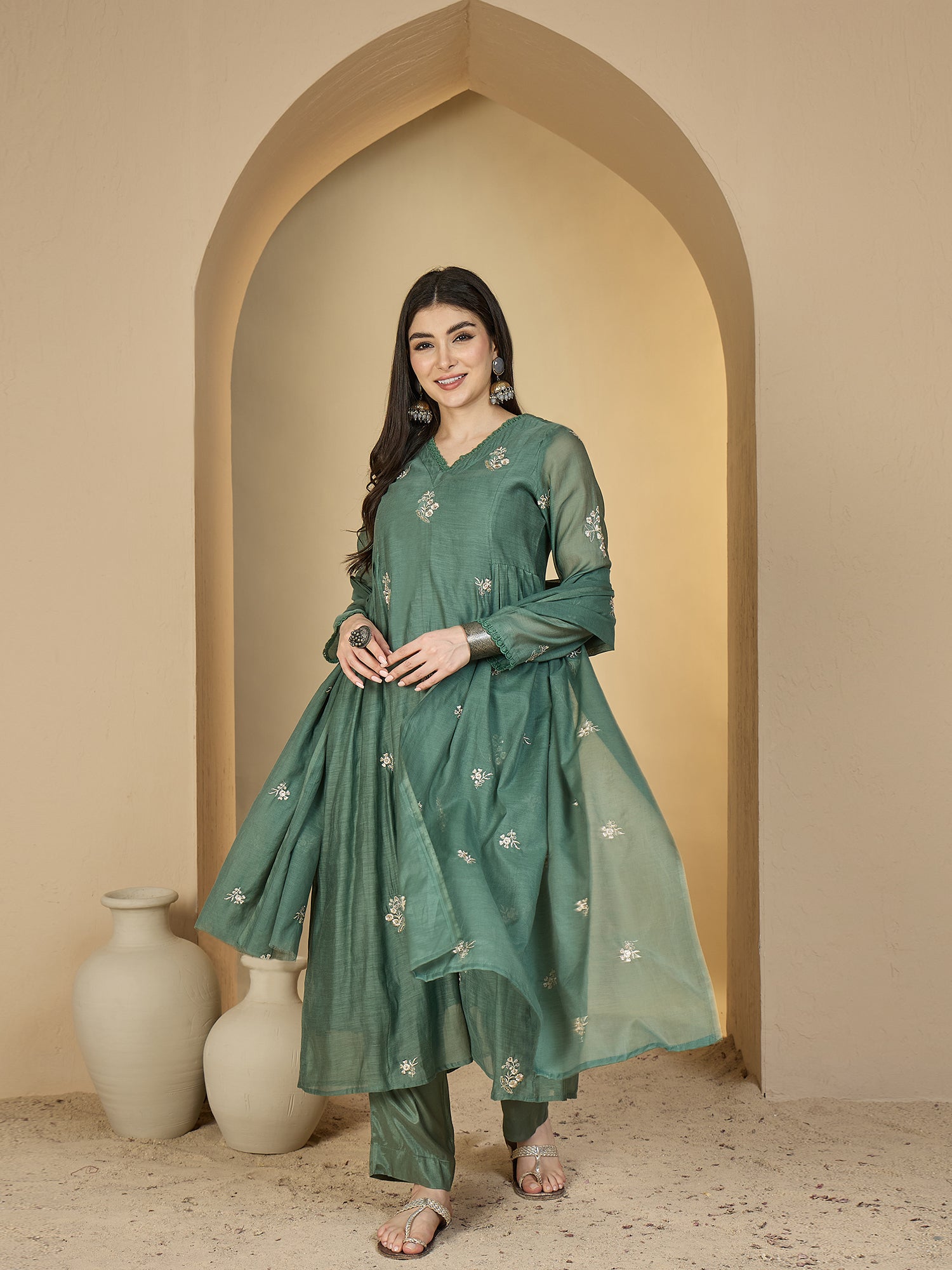 Turquoise Chanderi Calf Length Solid 3/4 Sleeves V-Neck Flared Kurta Suit Set