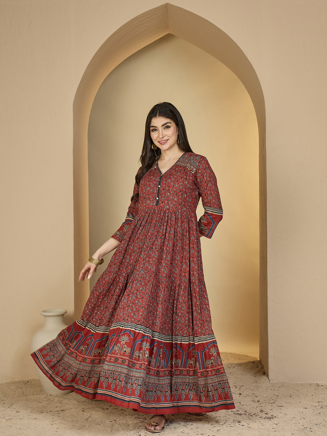 Maroon Cotton Ankle Length Printed 3/4 Sleeves V-Neck Anarkali Kurta