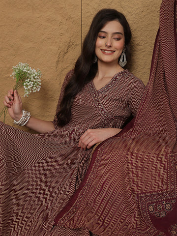 Wine Cotton Calf Length Printed 3/4 Sleeves V-Neck Anarkali Kurta Suit Set