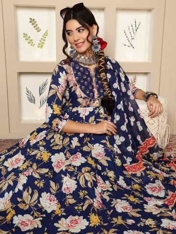 Blue Cotton Calf Length Printed Flared 3/4 Sleeves Round Neck Kurta Bottom Dupatta Set