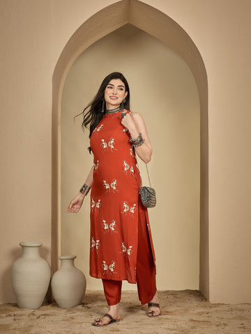 Rust Rayon Calf Length Printed Sleeveless Round Neck A-Line Kurta Suit Set