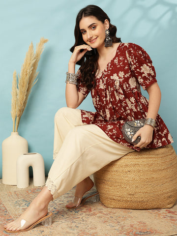 Maroon Women Printed Short sleeve Regular Pure Cotton Top