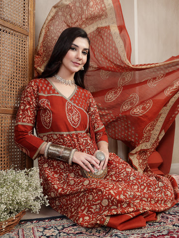 Rust Cotton Calf Length Printed 3/4 Sleeve V Neck Flared Kurta Suit Set
