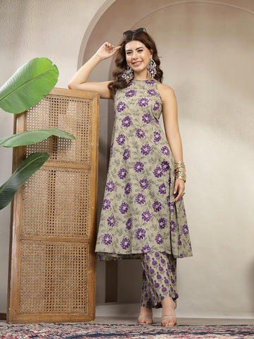 Purple Cotton Calf Length Printed Sleeveless Round Neck Flared Kurta Suit Set