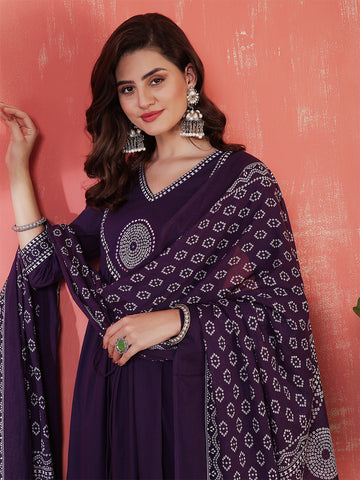 Purple Rayon Calf Length Solid 3/4 Sleeves V-Neck Semi-Flared Kurta Suit Set