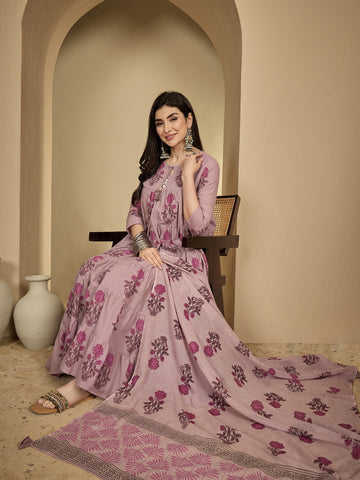 Kimayra Cotton Ankle Length Printed 3/4 Sleeve Key Hole Neck Anarkali Kurta Suit Set