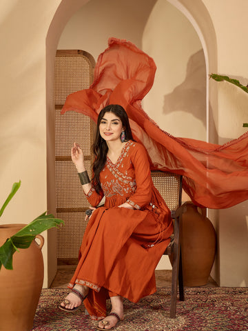 Rust Cotton Calf Length Solid 3/4 Sleeve V-Neck Anarkali Kurta Suit Set