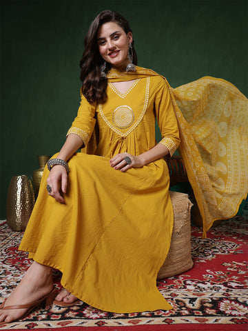 Yellow Rayon Calf Length Solid 3/4 Sleeves V-Neck Semi-Flared Kurta Suit Set