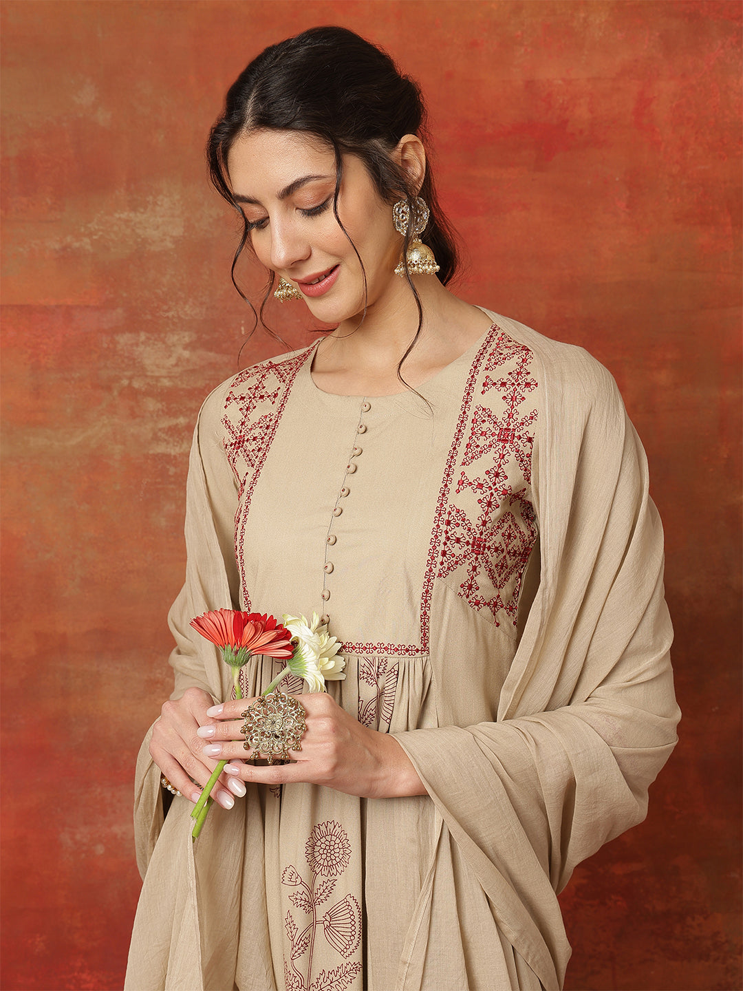 Beige Rayon Calf Length Printed 3/4 Sleeves Round Neck Semi-Flared Kurta Suit Set