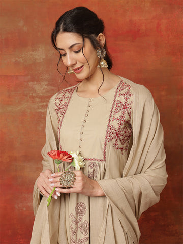 Beige Rayon Calf Length Printed 3/4 Sleeves Round Neck Semi-Flared Kurta Suit Set