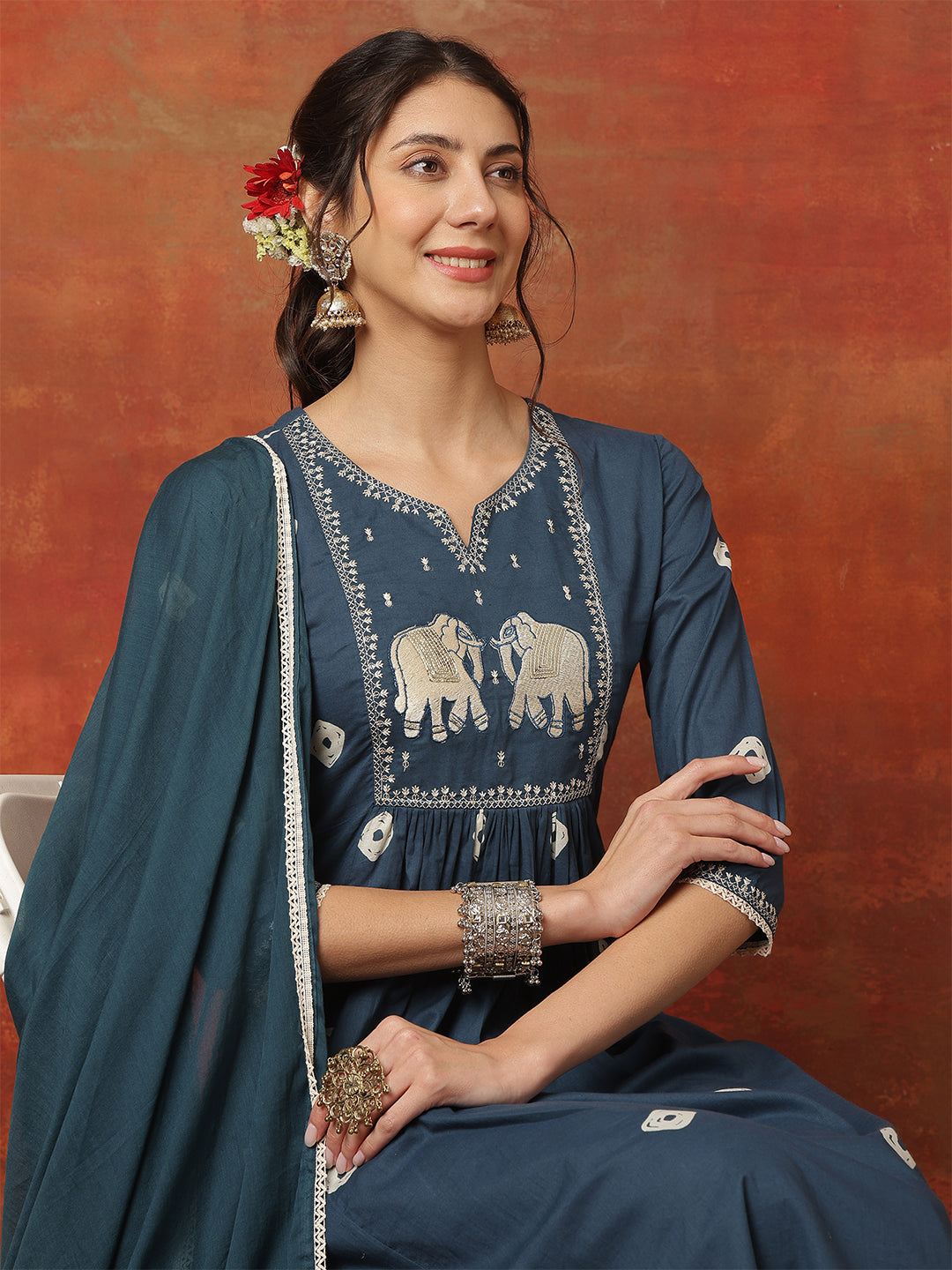 Blue Rayon Calf Length Printed 3/4 Sleeves Round Neck Semi-Flared Kurta Suit Set