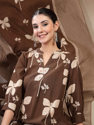 Brown Cotton Calf Length Printed 3/4 Sleeve Mandarin Collar Straight Kurta Suit Set