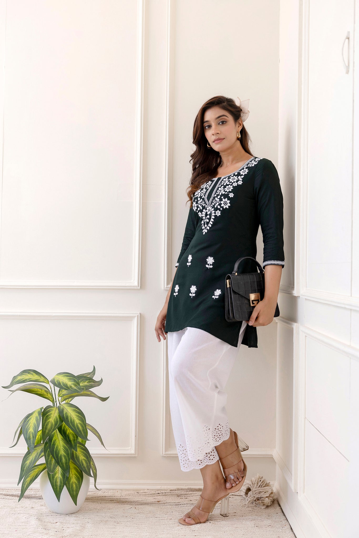 Bottle Green Rayon Hip Length Round Neck A-Line Top