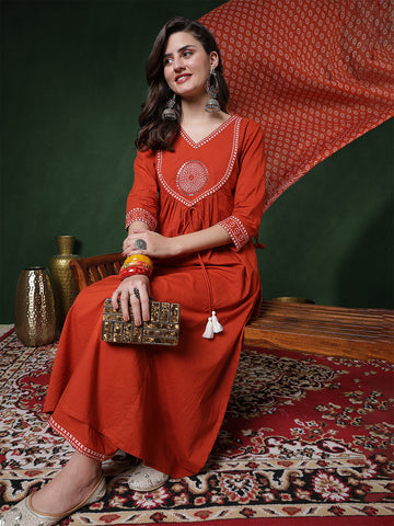 Rust Rayon Calf Length Solid 3/4 Sleeves V-Neck Semi-Flared Kurta Suit Set