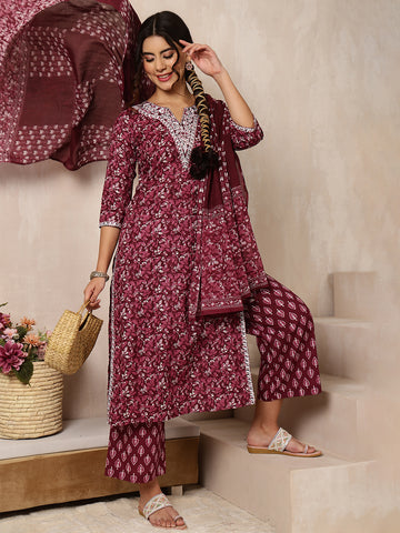 Wine Cotton Calf Length Printed Straight 3/4 Sleeves V-Neck Kurta Bottom Dupatta Set