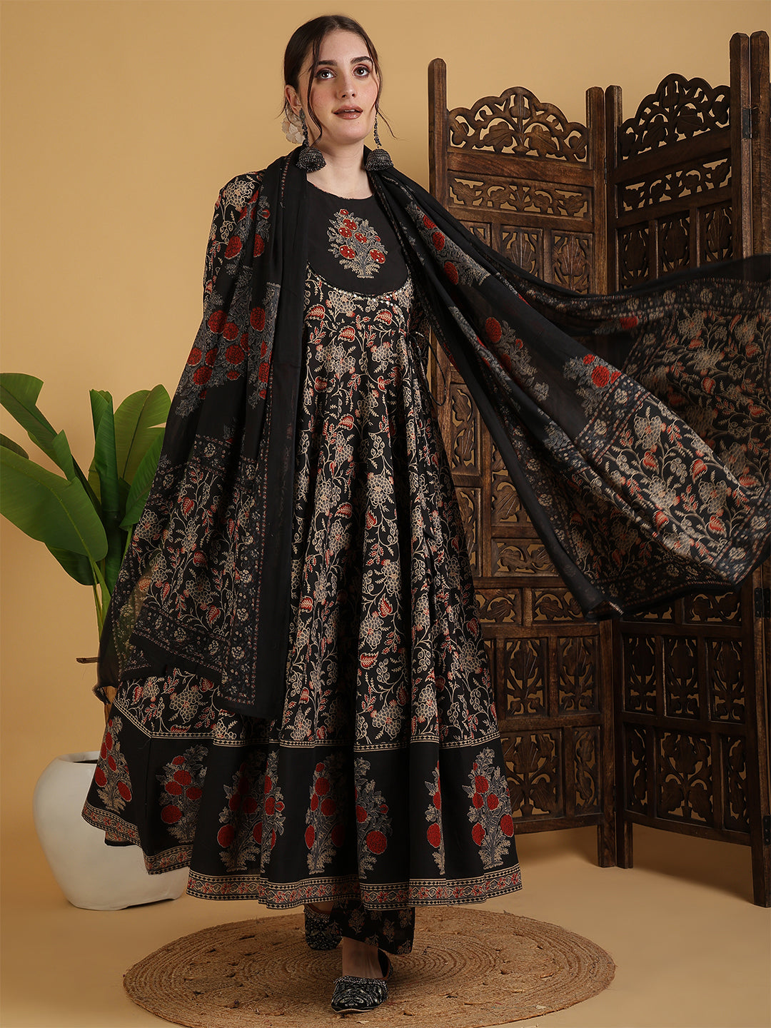Black Cotton Flared Printed Embroidered A-Line 3/4 Sleeves Round Neck Kurta Suit Set