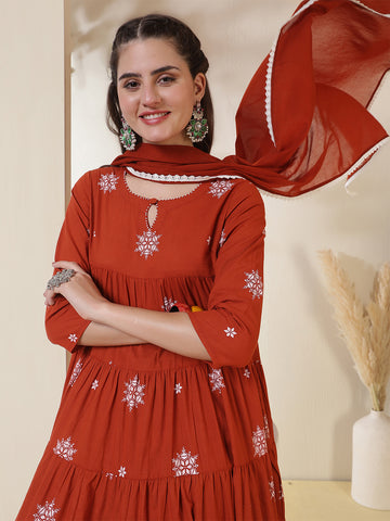 Rust Cotton Calf Length Printed 3/4 Sleeves Key Hole Neck Anarkali Kurta Suit Set