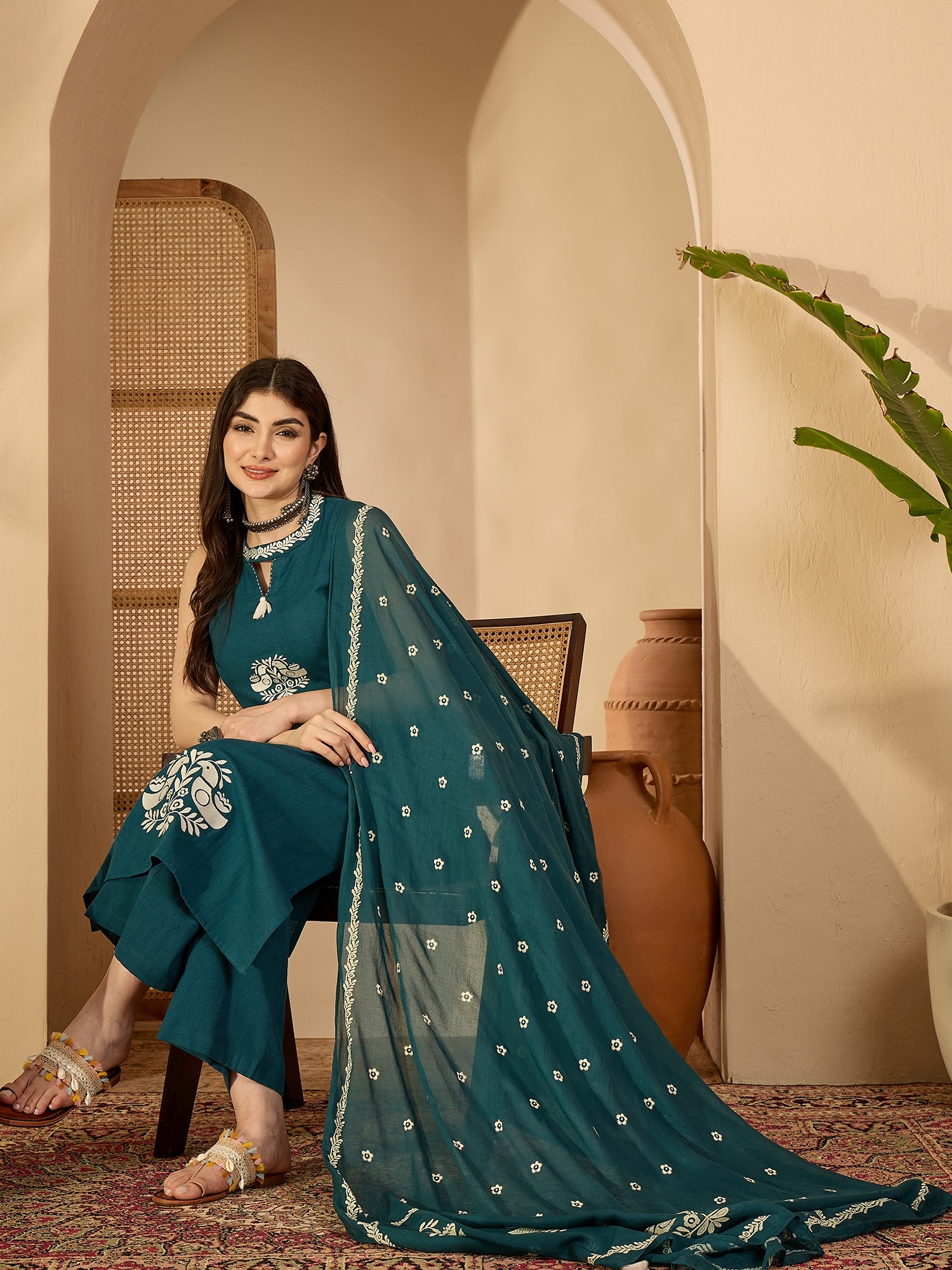 Teal Cotton Calf Length Printed Sleeveless Round Neck Straight Kurta Suit Set