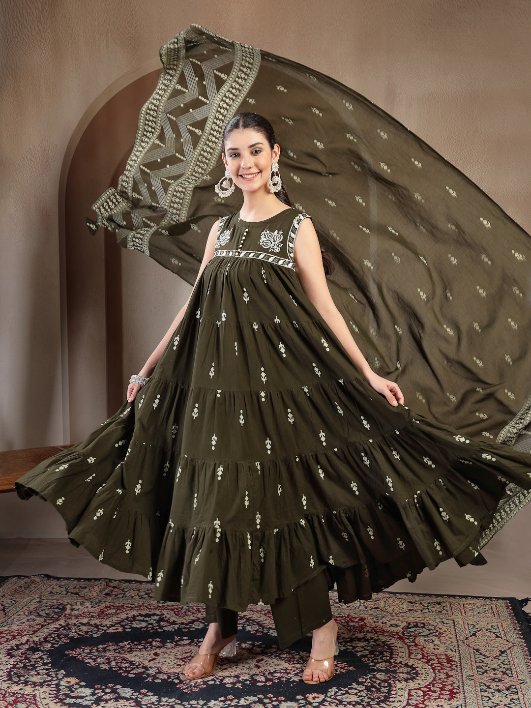 Olive Cotton Calf Length Printed Sleeveless Round Neck Flared Kurta Suit Set