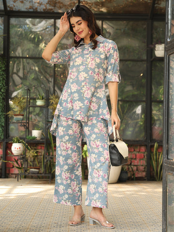 Blue Cotton Hip Length Printed Straight 3/4 Sleeves Shirt Coller Co-Ord Set