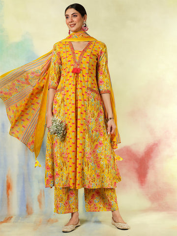 Mustard Cotton Calf Length Embroidered Printed A-Line  3/4 Sleeves V-Neck Kurta Suit Set
