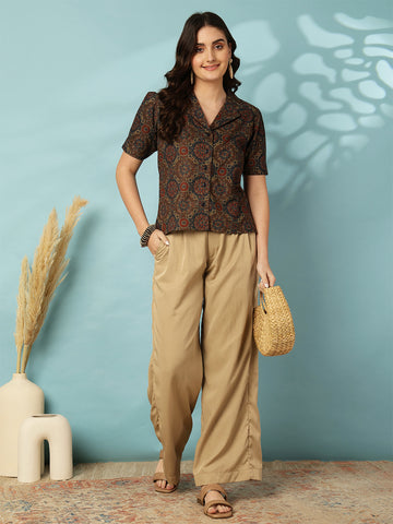 Blue Women Printed Short sleeve Regular Pure Cotton Top