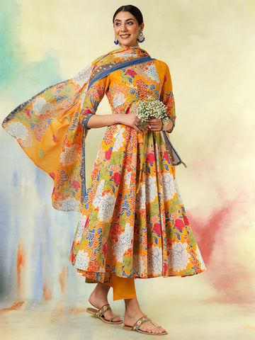 YellowCotton Flared Printed A-Line  3/4 Sleeves Round Neck Kurta Suit Set