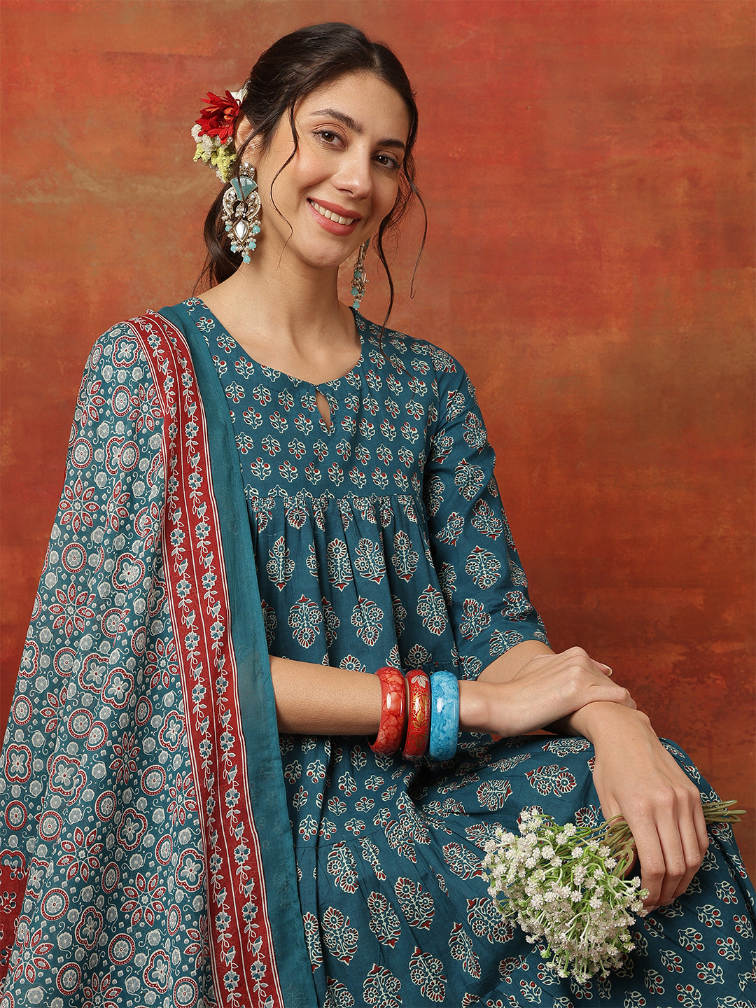 Turquoise Cotton Calf Length Printed 3/4 Sleeves Key Hole Anarkali Kurta Suit Set