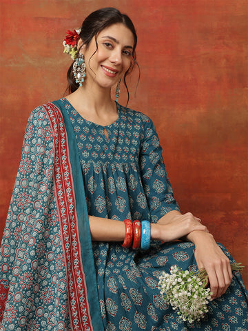 Turquoise Cotton Calf Length Printed 3/4 Sleeves Key Hole Anarkali Kurta Suit Set