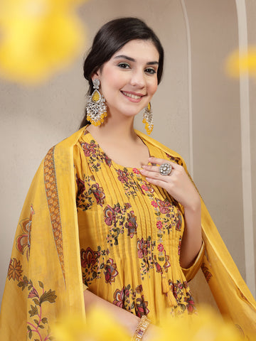 Yellow Cotton Calf Length Printed 3/4 Sleeve Round Neck A Line Kurta Suit Set