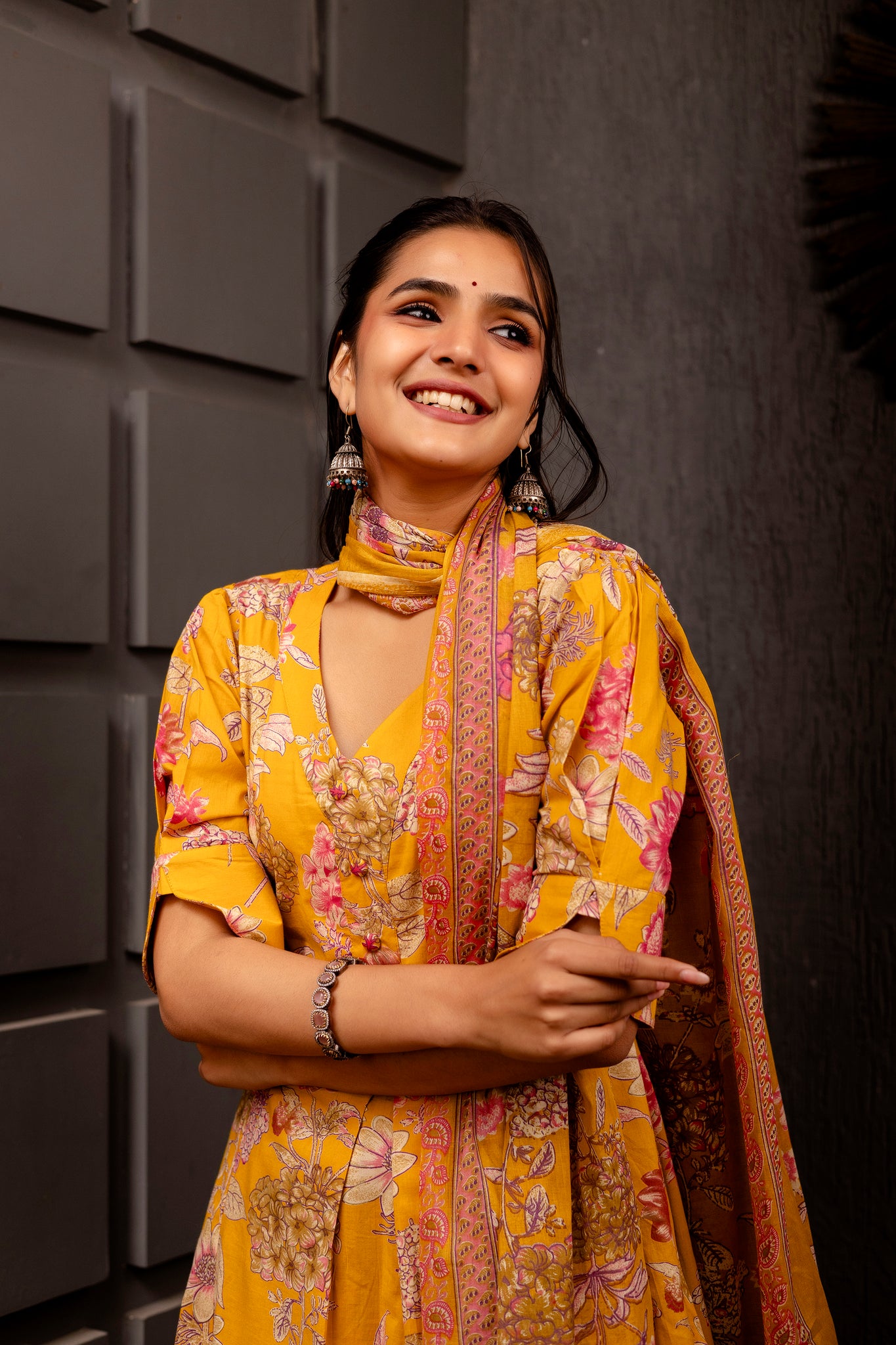 Mustard Cotton Calf Length Printed Flared 3/4 Sleeves V-Neck Kurta Suit Set