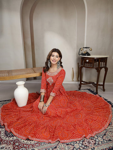 Red Cotton Ankle Length Printed 3/4 Sleeve Round Neck Flared Kurta