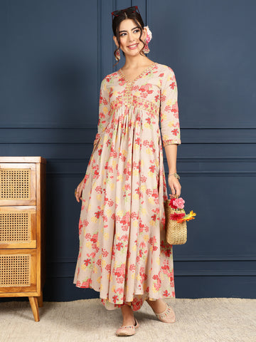 Cream Rayon Calf Length Printed Flared 3/4 Sleeves V-Neck Kurta Bottom Set