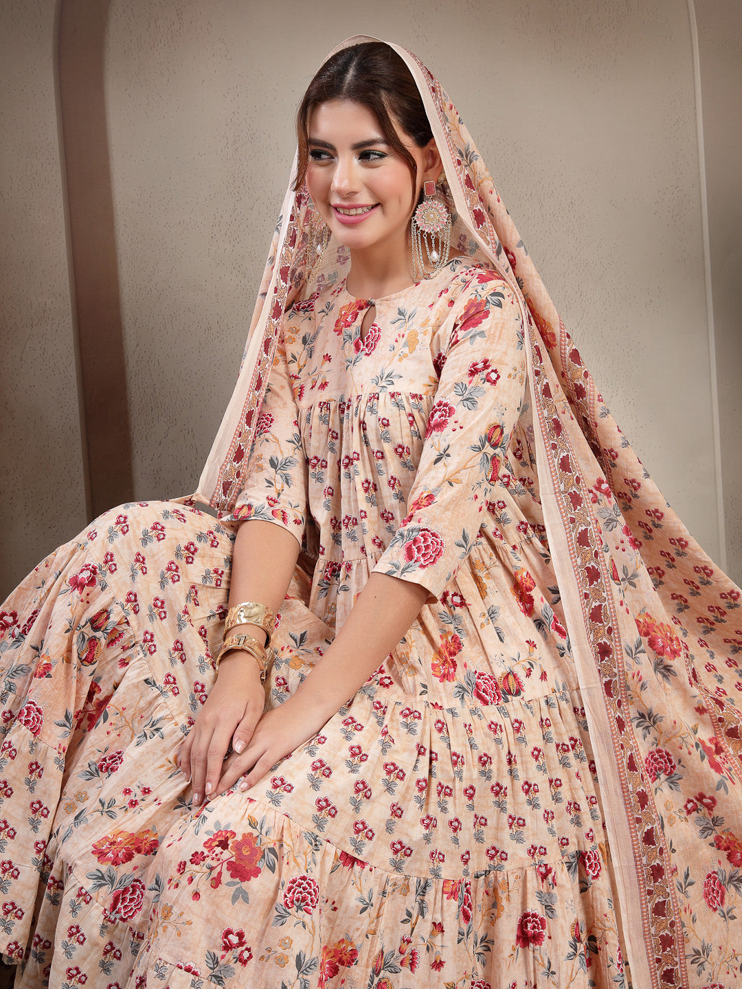 Cream Cotton Calf Length Printed 3/4 Sleeve Key Hole Neck Flared Kurta Suit Set