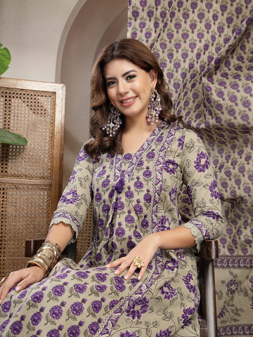 Purple Cotton Calf Length Printed 3/4 Sleeve V-Neck A-Line Kurta Suit Set
