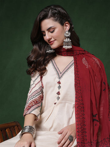 Cream Cotton Flex Calf Length Solid 3/4 Sleeves V-Neck Straight Kurta Suit Set