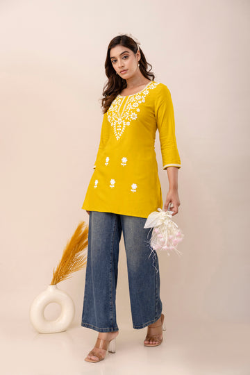 Yellow Rayon Hip Length Round Neck A-Line Top