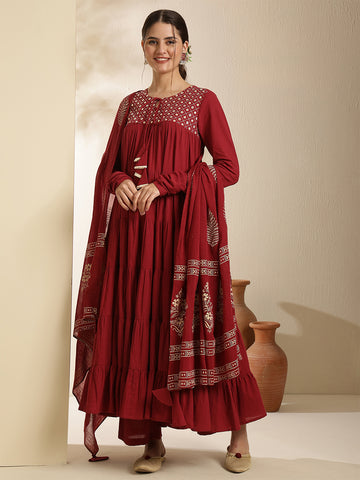 Maroon Cotton Calf Length Printed Full Sleeve Key Hole Neck Tired Kurta Suit Set
