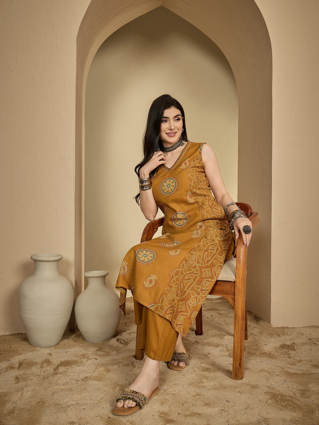 Mustard Rayon Calf Length Printed Sleeveless V-Neck A-Line Kurta Suit Set
