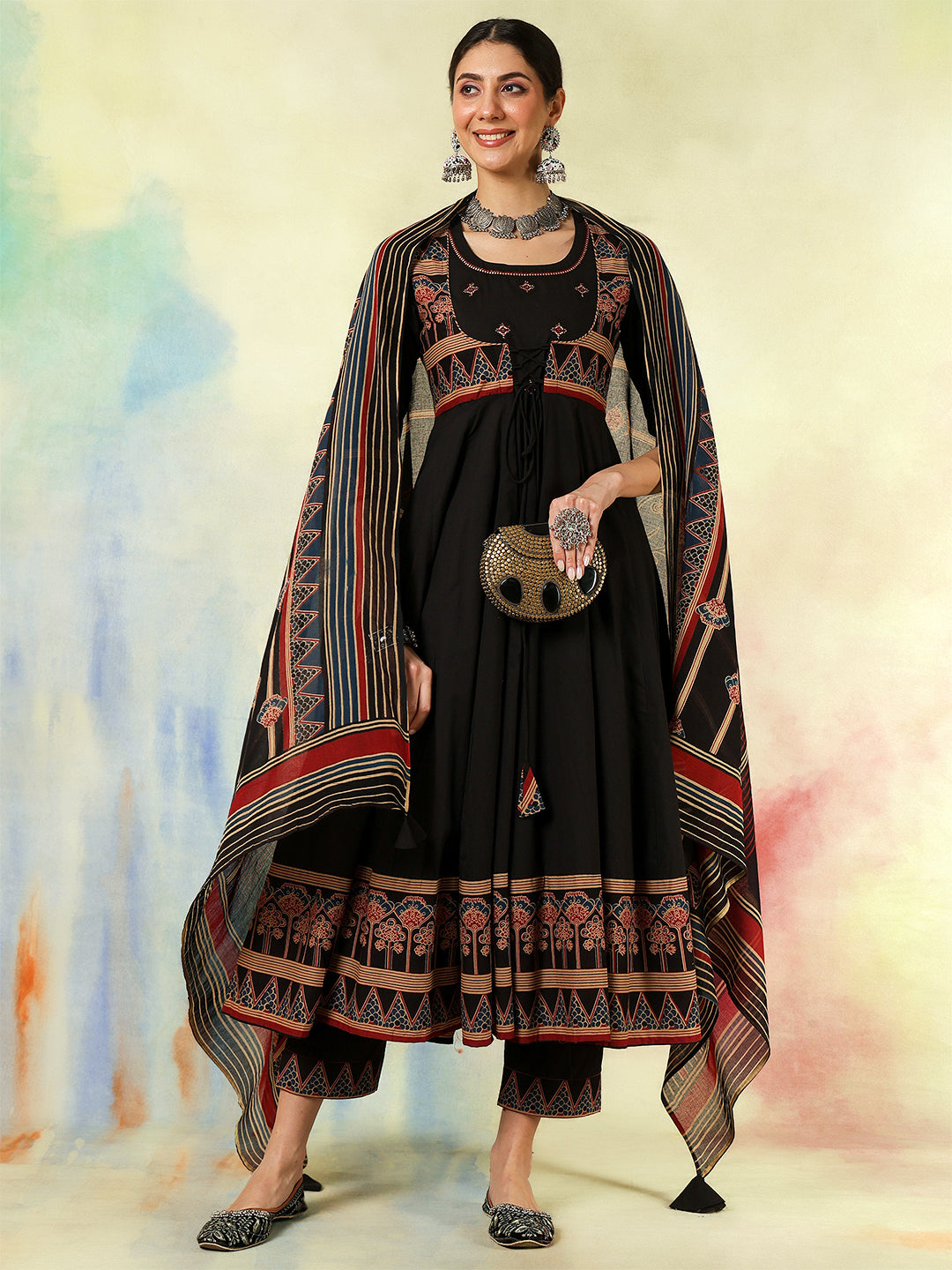 Black Cotton Calf Length Printed Embroidered A-Line  3/4 Sleeves Round Neck Kurta Suit Set