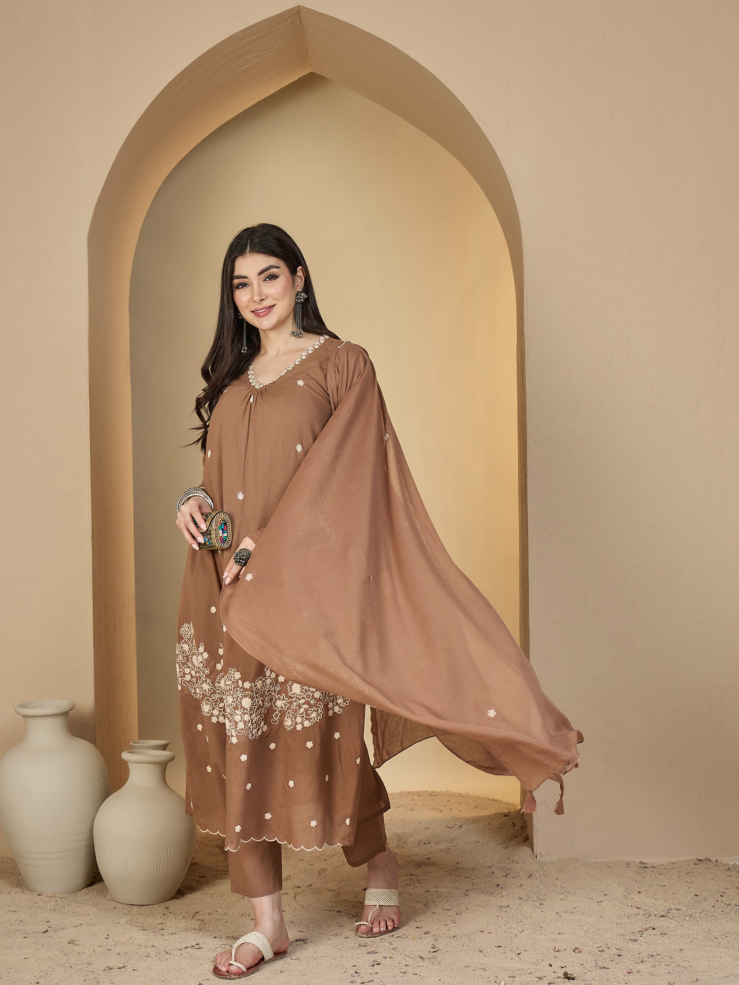 Brown Cotton Calf Length Solid 3/4 Sleeves V-Neck A-Line Kurta Suit Set