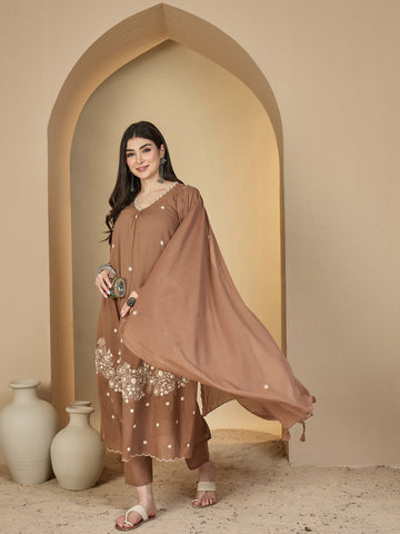 Brown Cotton Calf Length Solid 3/4 Sleeves V-Neck A-Line Kurta Suit Set