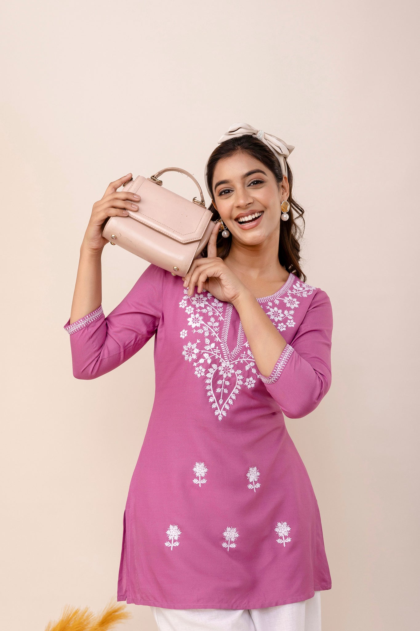 Lavender Rayon Hip Length Round Neck A-Line Top